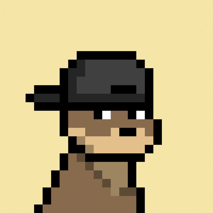 A pixel art character wearing a black cap and a brown scarf or coat, set against a plain beige background.