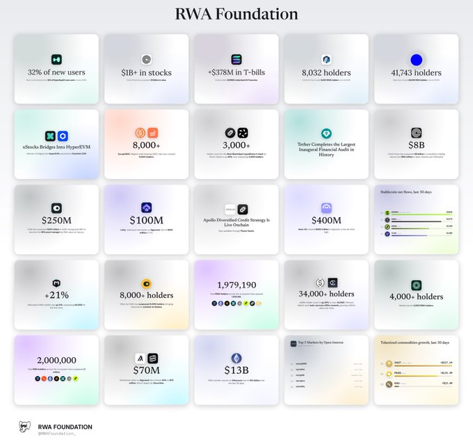 A web page titled 'RWA Foundation' displaying a grid of metric cards highlighting stats such as '32% of new users,' '$1B+ in stocks,' '+$378M in T-bills,' '8,032 holders,' '41,743 holders,' 'xStocks Bridges Into HyperEVM,' '$B,' '$250M,' '$100M,' and '$13B,' tracking growth across multiple chains.