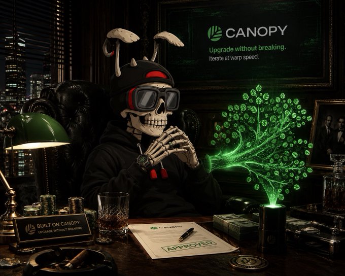 A stylized dark promotional image featuring a skeleton character wearing a backwards cap and goggles at a desk, with a glowing green tree made of coins next to it, and text reading "CANOPY - Upgrade without breaking. Iterate at warp speed" and "BUILT ON CANOPY".