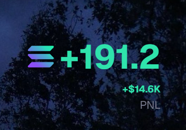 A Solana logo in gradient colors with green text showing '+191.2' and '+$14.6K PNL' (profit and loss) against a dark background of trees.