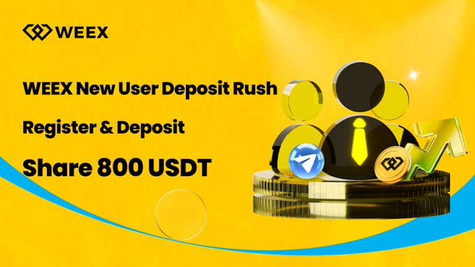 The image features a yellow background with text that reads "WEEX New User Deposit Rush Register & Deposit a total of ≥100 USDT during the event Finish Gleam Task: gleam.io/ogR6Z/weex-new". The text also mentions an event where users can deposit their money and potentially win rewards, such as 100 dollars or more.