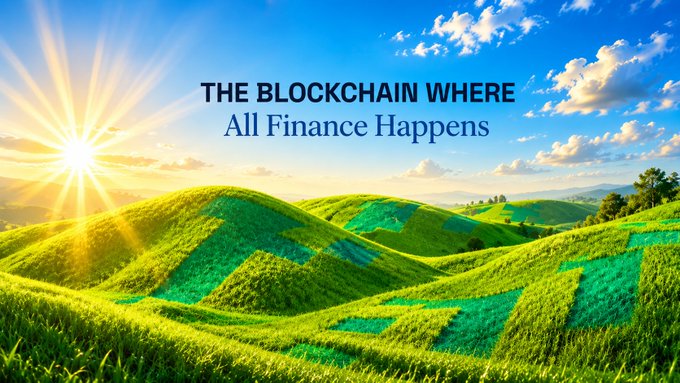 A scenic landscape of rolling green hills under a bright sunny sky with the text 'THE BLOCKCHAIN WHERE All Finance Happens' overlaid in the center.