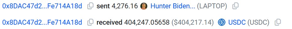 A blockchain transaction log shows the wallet address "0x8DAC47d2...Fe714A18d" sent 4,276.16 LAPTOP tokens to Hunter Biden and received 404,247.05658 USDC ($404,217.14), illustrating the airdrop distribution and a subscriber's subsequent sale of the memecoin.