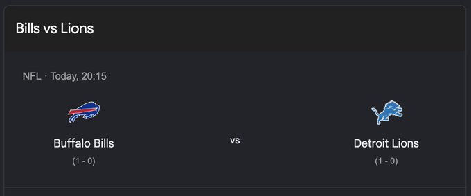 A game preview card for today's NFL matchup between the Buffalo Bills (1-0) and Detroit Lions (1-0) at 20:15, fitting the post's prediction contest for #DETvsBUF where three random participants can win $100.