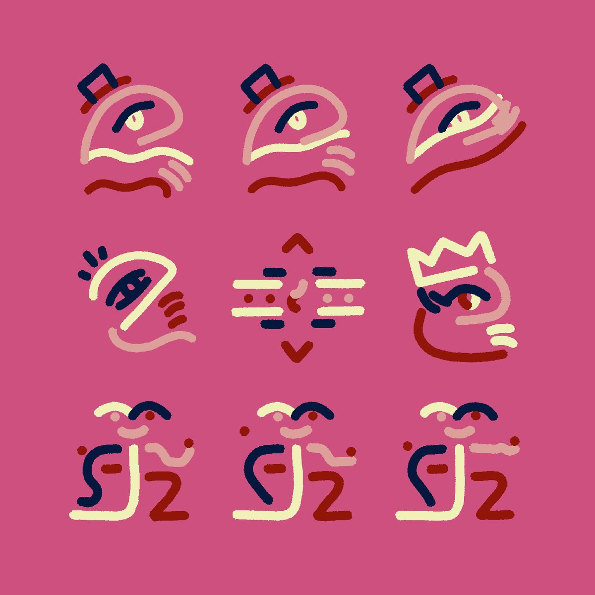 The image features a pink background with nine different cartoon-style faces arranged in three rows of three. Each face has unique characteristics such as eyes, noses, mouths, and hairstyles. The faces are depicted in various positions, including sitting, standing, and lying down. The arrangement of the faces creates an interesting visual effect that captures attention and encourages viewers to explore the different interpretations and stories behind each character.