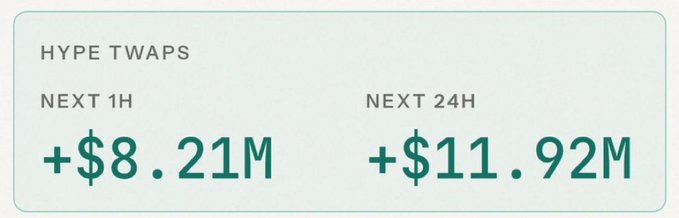 A "HYPE TWAPS" data card showing next 1H at +$8.21M and next 24H at +$11.92M.