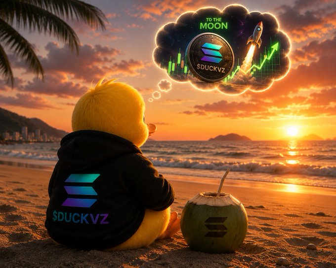 A yellow plush duck wearing a "$DUCKVZ" hoodie sits on a sunset beach next to a coconut, dreaming via thought bubble of a "TO THE MOON" rocket taking off past a Solana logo and rising green charts. The scene visualizes the poster's optimistic vision for $DUCKVZ on Solana, blending tropical relaxation with bullish crypto aspirations.