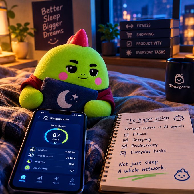 A cozy nighttime scene featuring a green plush toy, a phone displaying the "Sleepagotchi" app with a Sleep Score of 87, a notebook titled "The bigger vision" listing Fitness, Shopping, Productivity, and Everyday tasks, alongside a Sleepagotchi mug.