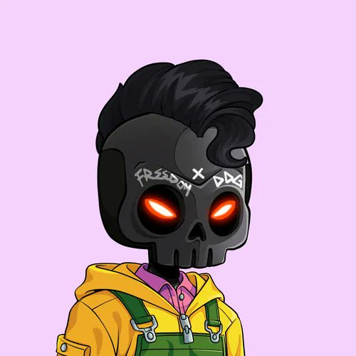 Digital illustration of a skull character with glowing red eyes, black hair, and graffiti text 'FREEDOM x DOG' on its forehead, wearing a yellow hoodie.