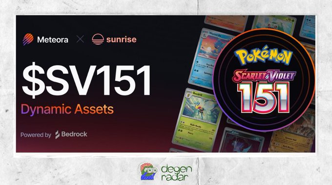 The image shows a poster advertising a Pokémon trading card game called "Poker Starlit Violet" for $SV151 or $1.5M MCap. The advertisement features colorful Pokémon cards with bright, bold colors that make the details stand out against the black background of the poster.