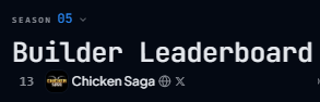 A screenshot showing "SEASON 05 Builder Leaderboard" with "13 ChickenSaga" listed below.