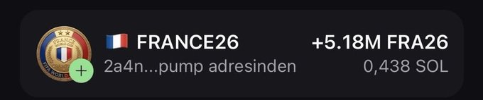 The image displays a digital asset listing for "FRANCE26," showing a wallet address starting with "2a4n...pump adresinden" with a balance of +5.18M FRA26 tokens and a value of 0.438 SOL. The graphic represents an airdrop distribution promotion where users are instructed to hold at least $20 worth of tokens to qualify for the reward.