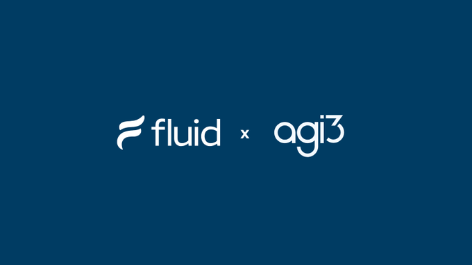 The image features a co-branded graphic with "fluid" and "agi3" logos on a dark teal background, separated by a multiplication "×" symbol, suggesting a partnership or collaboration between the two entities. The "× fluid agi3" branding visually reinforces the post's claim of a major institutional development in DeFi.