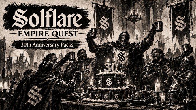 The promotional image celebrates "Solflare EMPIRE QUEST 30th Anniversary Packs," depicting medieval knights in armor raising tankards around a tiered cake marked with "30" and the Solflare "S" logo in a candlelit hall. The accompanying post invites viewers to become Solflare Guardians for access to alpha, opportunities, and rewards in the Solana ecosystem—framing membership as joining a noble, quest-like community.