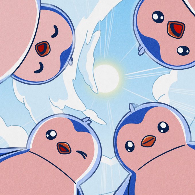 A cartoon-style illustration featuring several pink, round characters with blue accents looking up at a bright sun in a blue, cloudy sky.