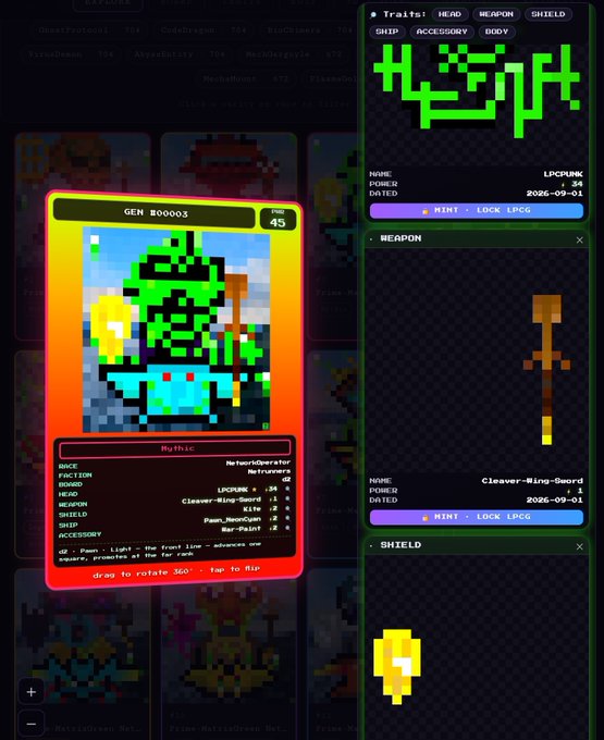 The image shows a pixel-art NFT trading card of a "Psychic" creature from the LPC Punk collection (GEN 800003, ID #45, dated 2026-09-01), currently minted on the LPCG network with stats including Cleaver-Ming-Sword and Pawn_NeonCygn weapons. The right panel displays the trait breakdown showing weapon and shield attributes, aligning with the post's mention of the $LPCG NFT collection.