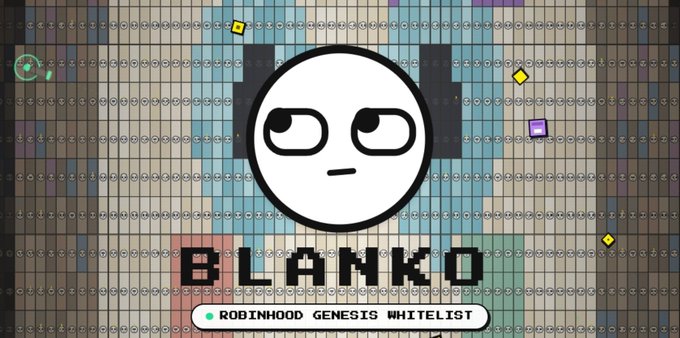 A promotional graphic featuring a white cartoon face character with a neutral expression on a pixelated background, with the text 'BLANKO' and 'ROBINHOOD GENESIS WHITELIST'.