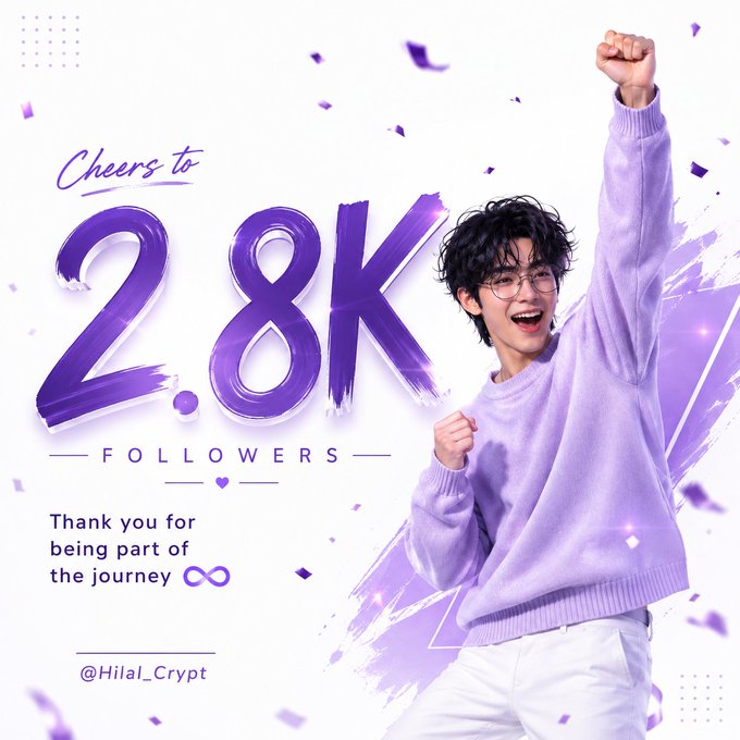A celebratory graphic announcing '2.8K FOLLOWERS' with 'Cheers to' and 'Thank you for being part of the journey,' featuring a young man in a purple sweater cheering with raised fist, credited to @Hilal_Crypt.