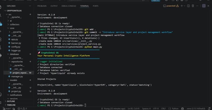 A screenshot of a code editor (VS Code) terminal showing the execution of a 'CryptoIntel OS' setup script with Python commands and log output indicating project initialization.
