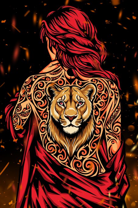 Stylized illustration of a woman with flowing red hair viewed from behind, featuring an intricate lion tattoo covering her back with decorative scrollwork, set against a dark background with embers.