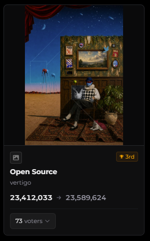 A digital collectible titled 'Open Source' by vertigo showing 73 voters and a vote count of 23,412,033 to 23,589,624, featuring an image of a figure with a TV head in a surreal interior.