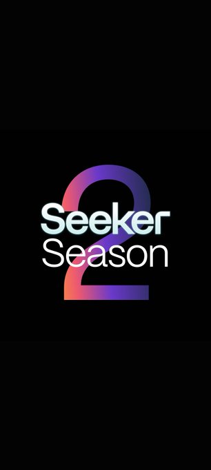 A minimalist logo on a black background displaying 'Seeker Season 2' with a large gradient pink-to-blue number '2' behind the text.
