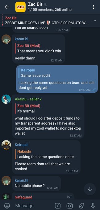 A screenshot of a Telegram group chat called "Zec Bit" showing members discussing issues with a ZEC coin airdrop, where users like Keiropiii report not receiving responses from the team and express concern about being "cooked" after submitting wallet addresses to Zodl, while moderators Karan and Akainu explain that only winners were selected and not receiving communication indicates not being selected.