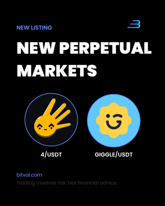 A promotional graphic from Bitval announcing two new perpetual market listings: 4/USDT and GIGGLE/USDT. The image features stylized icons for each token—the "4" depicted as a yellow hand making a peace sign, and "GIGGLE" shown as a smiling yellow badge on a blue background—set against a black backdrop with a disclaimer noting trading involves risk.