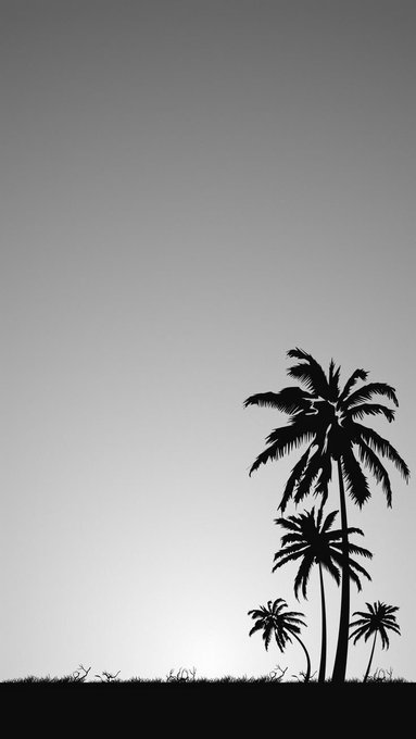 A black silhouette of several palm trees stands against a light gradient sky above a grassy ground line.
