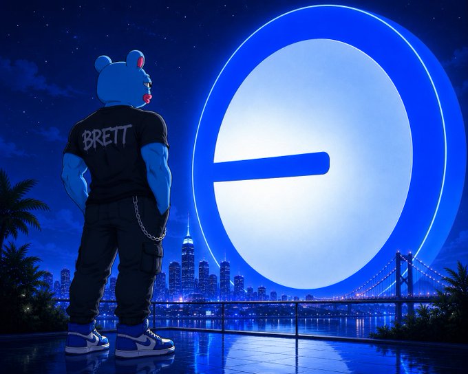 A blue bear character wearing a black "BRETT" shirt stands overlooking a nighttime cityscape, gazing at a glowing blue "e" logo (resembling the Base blockchain emblem) against a starry sky. The image visually represents the caption's message that every path on the Base network leads to the $BRETT token.