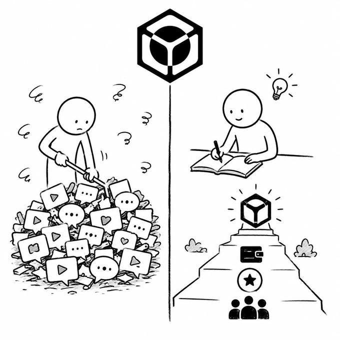 A black-and-white illustration showing a person overwhelmed by a pile of social media icons on the left, contrasted with a person calmly writing in a notebook on the right beneath a cube/box logo.