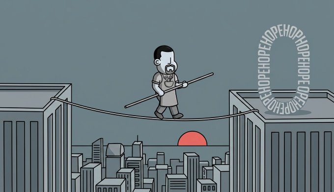 A cartoon illustration shows a man walking a tightrope between two buildings high above a city skyline at sunset, with a circular 'HOPE' design on the right building.