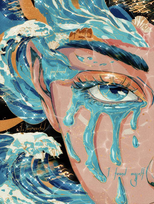 A digital art piece featuring a stylized face with a large blue eye, waves, and seashells, with text reading 'I found myself' and 'I'm unraveled'.