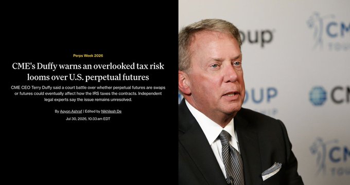 The image features CME CEO Terry Duffy and a headline from "Perps Week 2026" warning of an overlooked tax risk for U.S. perpetual futures. This visually reinforces the accompanying post about Duffy's tax concerns for these contracts.