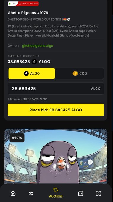 An auction listing for 'Ghetto Pigeons #1079' (Ghetto Pigeons World Cup Edition) with current highest bid of 38.683423 ALGO, ending in 06:55:35, owned by ghettopigeons.algo, showing a sleepy pigeon illustration.