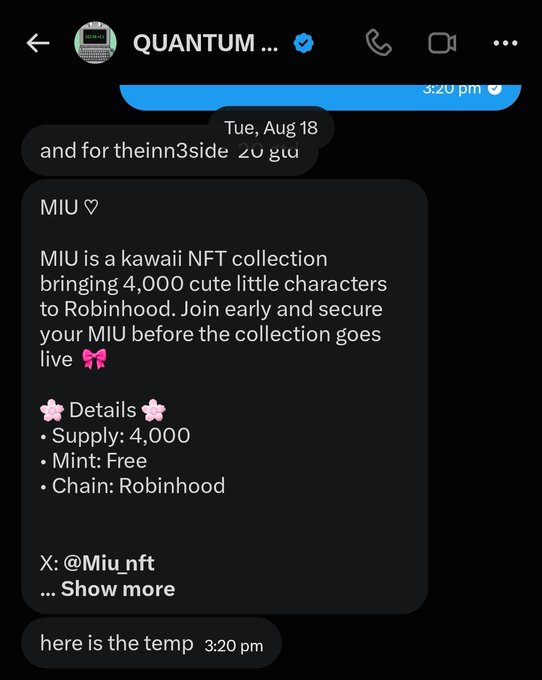 A Twitter/X direct message screenshot from a verified account named 'QUANTUM' promoting the 'MIU' kawaii NFT collection (4,000 supply, free mint on Robinhood chain) with the X handle @Miu_nft.