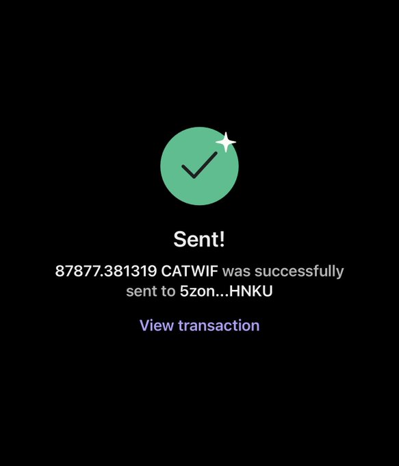 The image shows a "Sent!" confirmation screen indicating that 87,877.381319 CATWIF was successfully transferred to the wallet address 5zon...HNKU, matching the wallet details shared in the post. A "View transaction" link is provided in purple text below the confirmation message.