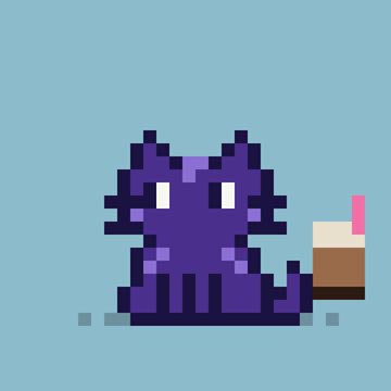 A pixel art illustration of a purple cat-like creature with yellow eyes sitting next to what appears to be a pink and white dessert or candle against a light blue background.