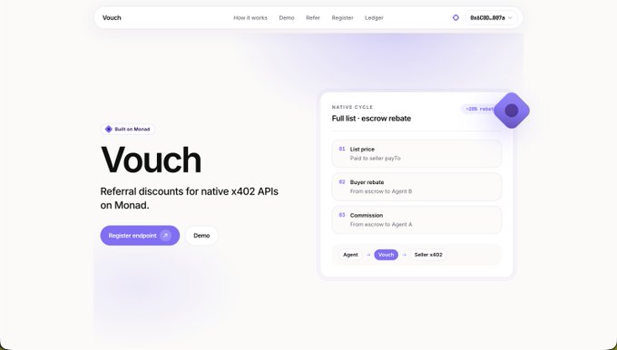 A landing page for Vouch, a platform built on Monad offering 'Referral discounts for native x402 APIs on Monad,' with a diagram showing a native cycle of List price, Buyer rebate, and Commission between Agent A and Agent B.