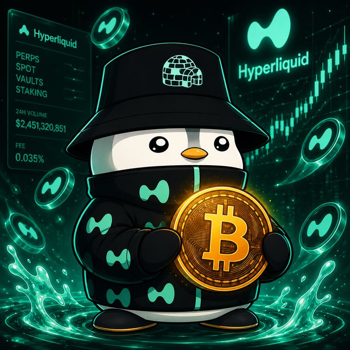 A cartoon penguin mascot dressed in black streetwear and a bucket hat holds a large gold Bitcoin coin, with the 'Hyperliquid' logo visible, trading stats (PERPS, SPOT, VAULTS, STAKING), and a 24H volume of $2,451,320,851 displayed in the background.