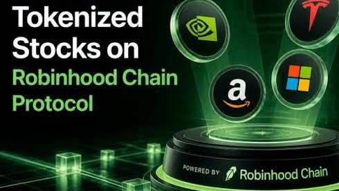 A promotional graphic for "Tokenized Stocks on Robinhood Chain Protocol" featuring logos of NVIDIA, Tesla, Amazon, and Microsoft above a glowing platform labeled "POWERED BY Robinhood Chain," visually illustrating the post's point about major equities being tokenized onchain through Robinhood's recently launched blockchain network.