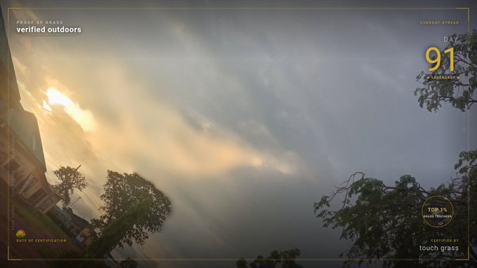 A photo of a dramatic cloudy sky with sunlight breaking through, overlaid with augmented reality graphics showing 'PROPERTY GRASS verified outdoors', 'CURRENT STREAK DAY 91', 'TOP 1% grass toucher', and certification details from 'touch grass'.