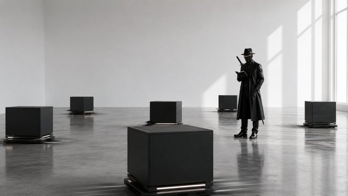 A black and white photo features a man in a trench coat and fedora holding a baton, standing in a large empty room among several dark cubes.