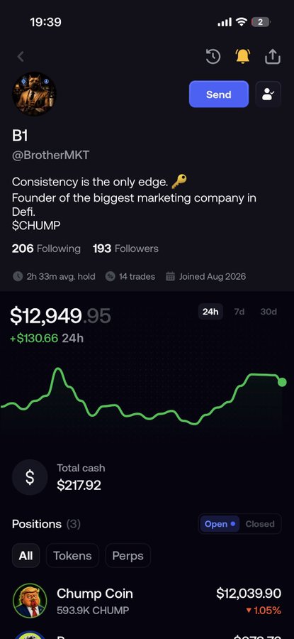 A cryptocurrency trading profile showing user B1 (@BrotherMKT) with bio 'Consistency is the only edge. Founder of the biggest marketing company in Defi. $CHUMP', displaying a portfolio value of $12,949.95 (+$130.66 24h) and a holding of 593.9K CHUMP.
