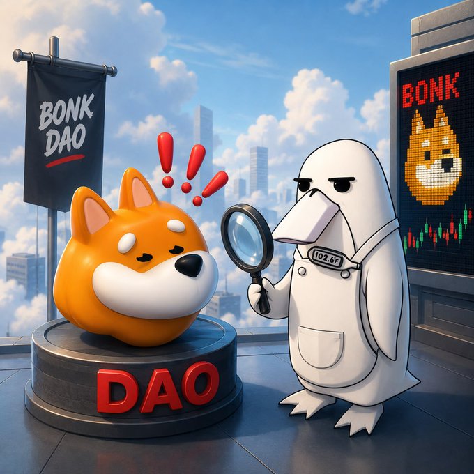 A cartoon Shiba Inu dog representing the BONK DAO is placed on a "DAO" pedestal under a "BONK DAO" banner, being scrutinized by a bird-like character with a magnifying glass, while a nearby screen displays "BONK" alongside a candlestick chart. The image visually illustrates the post's clarification that the incident was a governance attack on the BONK DAO treasury—not a hack of the $BONK token itself.