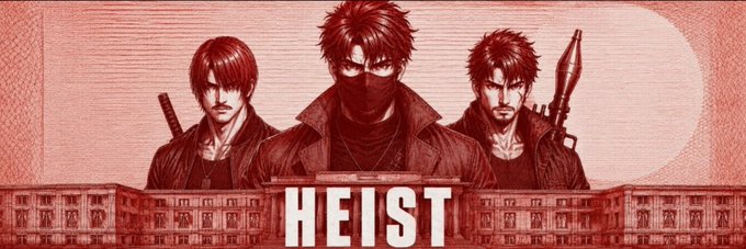 The image features a stylized red-toned illustration of three masked anime-style characters wielding weapons, with the word "HEIST" prominently displayed in bold white text over a building facade. This ties to the post as it promotes a giveaway collaboration with Heist Society (@heistsoc), with the imagery reinforcing the "heist" theme of the NFT project.