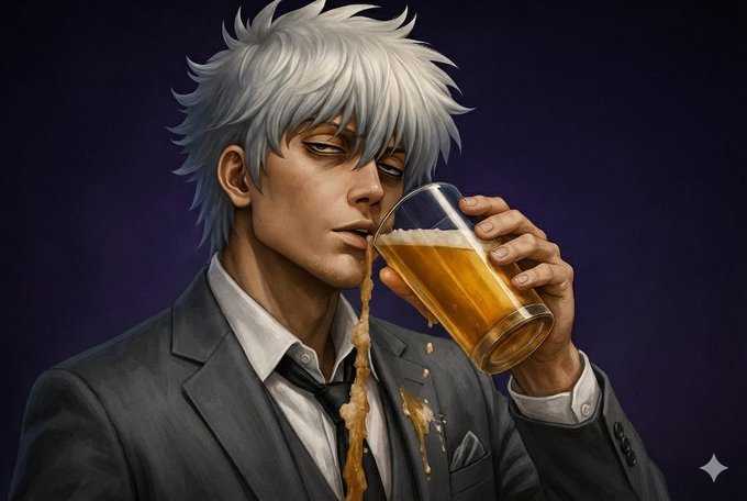 Digital artwork of a white-haired man in a suit spilling a golden beverage from a glass, with liquid cascading down his face and tie.