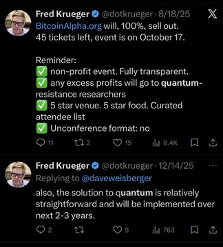 Two X posts from Fred Krueger (@dotkrueger) about BitcoinAlpha.org event tickets and quantum-resistance in blockchain development.