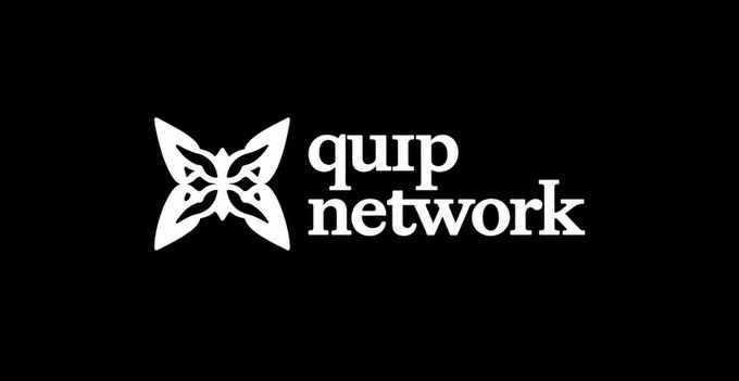 A black screen displays the white logo for 'quirp network,' featuring a geometric, butterfly-like emblem next to the lowercase text.