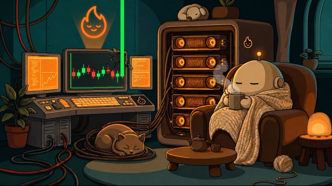 An illustration depicts a cozy scene with a robot character wrapped in a blanket holding a mug, sitting next to a server rack, a computer monitor showing stock charts, a sleeping cat, and a small fire spirit.